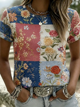 Patchwork Vintage Floral Crew Neck Short Sleeve Casual T-Shirt