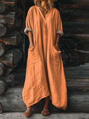 Women's Solid Color V-neck Long Sleeve Pocket Cotton Dress