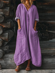 Women's Solid Color V-neck Long Sleeve Pocket Cotton Dress