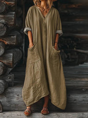 Women's Solid Color V-neck Long Sleeve Pocket Cotton Dress