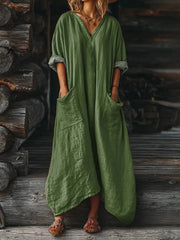 Women's Solid Color V-neck Long Sleeve Pocket Cotton Dress