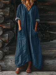 Women's Solid Color V-neck Long Sleeve Pocket Cotton Dress