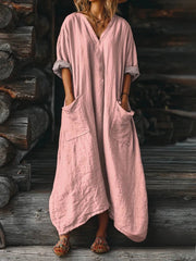 Women's Solid Color V-neck Long Sleeve Pocket Cotton Dress