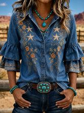 Denim Blue Western Star Floral Embroidery Lapel Double Layer Ruffle Half Sleeve Shirt