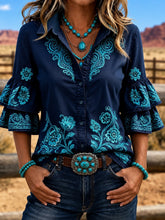 Teal Denim Floral Vine Embroidery Lapel Double Flounce Half Sleeve Button Down Shirt