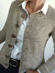 Khaki Collarless Long Sleeves Button Sweater Cardigan