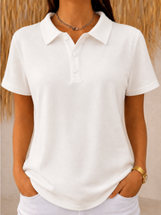 White Solid Polo Collar Three-Button Placket Short Sleeve Casual T-Shirt