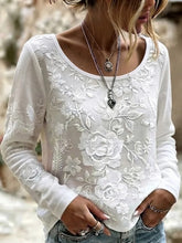 White Large Rose Floral Embroidery Scoop Neck Long Sleeve Casual T-Shirt