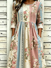 Color Block Lace Panel Rose Floral Print Crew Neck Three-Quarter Sleeve H-Line Midi Dress