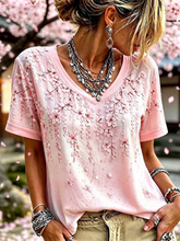 Pink Gradient Cherry Blossom 3D Floral Embroidery V-Neck Short Sleeve Vintage T-Shirt