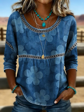 Blue Denim-Look Large Floral Print Scoop Neck Eyelet Lace Peplum Three-Quarter Sleeve Loose Blouse