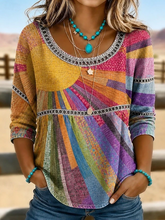 Multicolor Sunburst Rainbow Striped Eyelet Lace Scoop Neck Peplum Three-Quarter Sleeve Loose Blouse
