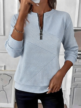 Light Blue Diagonal Striped Half Zip Stand Collar Long Sleeve Casual Sweatshirt