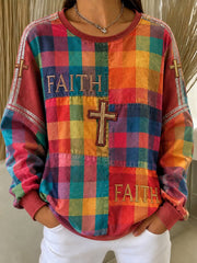 Multicolor Plaid Faith Cross Embroidery Crew Neck Long Sleeve Loose Sweatshirt