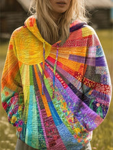 Multicolor Sunburst Patchwork Floral Quilted Drawstring Hooded Vintage Hoodie
