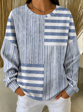 Blue White Patchwork Mixed Vertical & Horizontal Stripe Crew Neck Long Sleeve Loose Sweatshirt