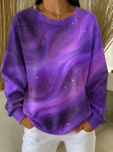 Purple Galaxy Swirl Glitter Ombre Crew Neck Long Sleeve Loose Casual Sweatshirt