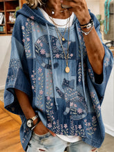 Denim Patchwork Floral Cat Print Short Sleeve Drawstring Hoodie
