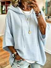Blue White Horizontal Stripe Short Sleeve Drawstring Hoodie