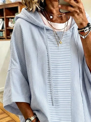 Light Blue Vertical Thin Stripe Short Sleeve Drawstring Hoodie