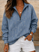 Blue Delicate Floral Print Half Zip Stand Collar Long Sleeve Sweatshirt