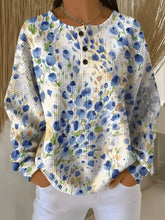 Watercolor Blue Floral Henley Button Crew Neck Waffle Knit Top