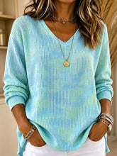 Ombre Tie Dye V-Neck Ribbed Knit Long Sleeve Top