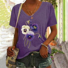 Casual Purple Floral Printed V Neck T-Shirt