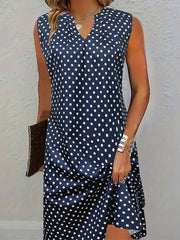 Vintage Sleeveless Navy Blue Polka Dot V-neck Short Dress