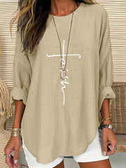Faith Print Casual Long Sleeve Crew Neck Shirt