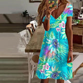 Vintage Floral Print V-neck Short Dress