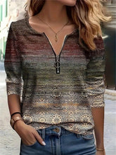 Geometric Zipper V-Neck Long Sleeve Blouse