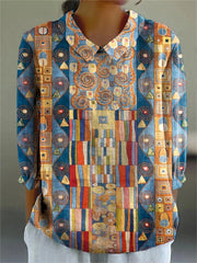 Geometric Print Round Neck 3/4 Sleeves Casual Shirt