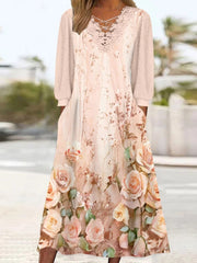 Floral Printed V-neck Lace Stitching Midi Dress