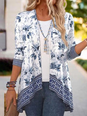 Blue-and-White Floral Print Long Sleeved Outwear