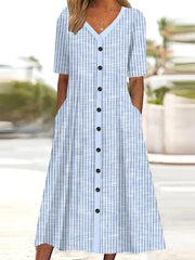 Blue Striped V Neck Short Sleeve Midi Dress