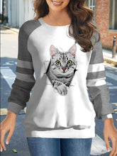 Casual Cat Loose Raglan Sleeve Split Joint Crew Neck Sweatshirt