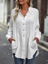Casual White Relaxed Notch Neck Button-Up Plain Blouse