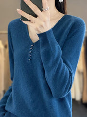 Casual Plain Long Sleeve V Neck Wool/Knitting Buckle Sweater