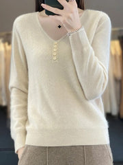 Casual Plain Long Sleeve V Neck Wool/Knitting Buckle Sweater