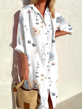 Casual Floral Loose Shirt Collar 3/4 Sleeves Shirt Midi Dress