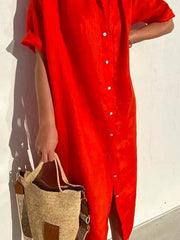 Cotton and Linen Half Sleeve Shirt Dress Maxi Button Down Spring Summer