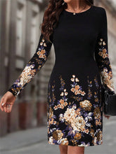 Long Sleeve Spring Fall Floral Crew Neck Midi H-Line Dress
