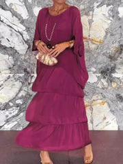 Plain V Neck Three Quarter Sleeve Comfy Casual Midi Dress