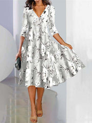 Floral V Neck Three Quarter Sleeve Comfy Casual Midi Dress