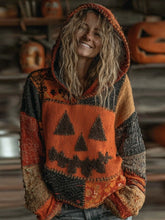 Halloween Pumpkin Face Patchwork Stitched Cozy Knit Hoodie
