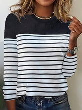 Basic Stripe Color Block Crew Neck Loose Long Sleeve Casual Blouse