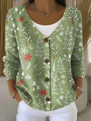 Christmas Tree Art Print Buttoned V-Neck Cardigan Sweater