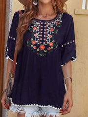Crew Neck Casual Floral Blouse