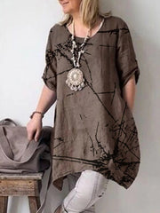 Short Sleeve Solid Cotton Crew Neck Blouse